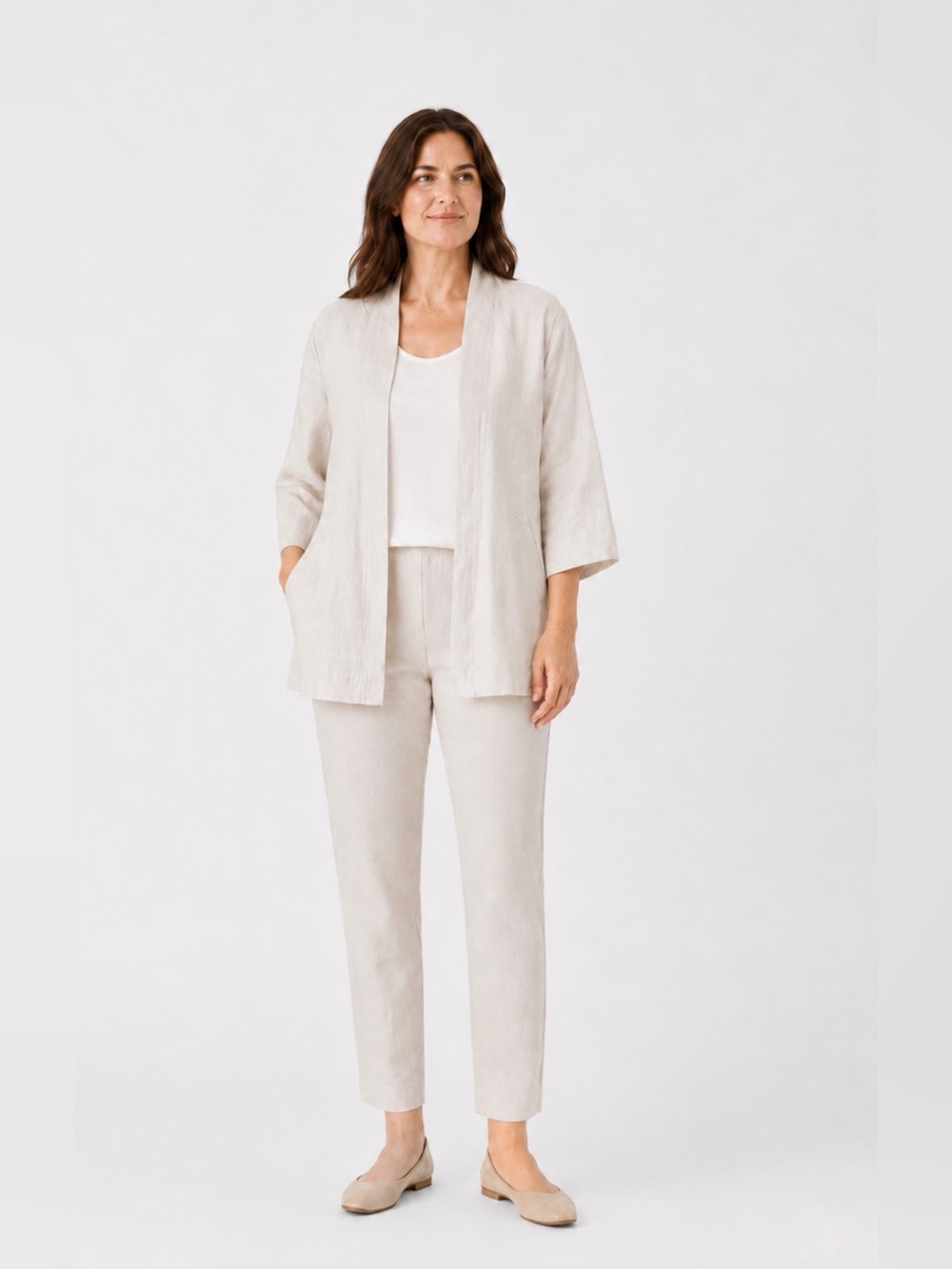 Eileen Fisher XL Bone Organic Linen Silk Satin Long Jacket NWT $338 3/4 Sleeves